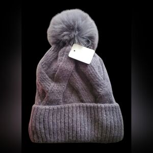 Gray Knit Pom-Pom Beanie with Warm Lining - Ski Hat